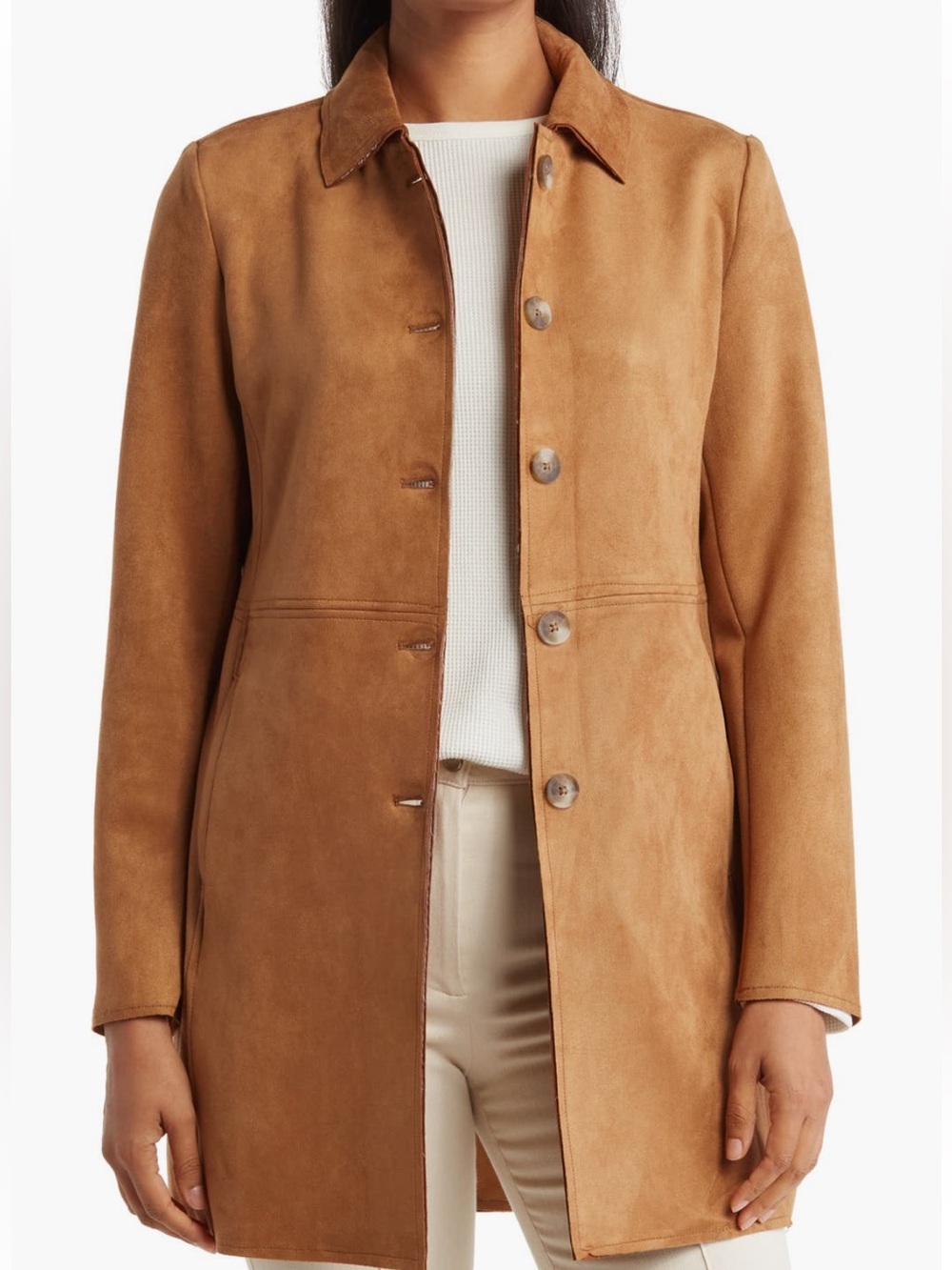 ✨ T Tahari Faux Suede Car Coat – Tobacco